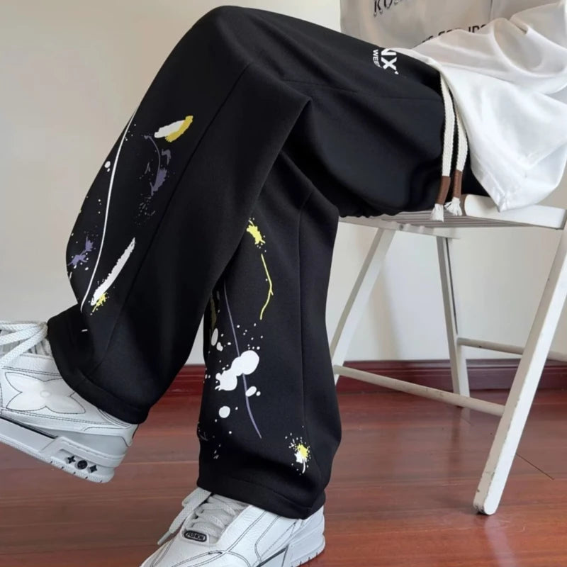 Trendy Men’s Graffiti Jogger Trousers American Street Style Wide Straight Leg Pants Loose Casual Long Pants for Everyday Wear