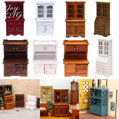 1PC Vintage Miniature Furniture 1:12 Dollhouse Wood Table Multifunction Cabinet Bookcase Model Toy Cupboard Dolls Accessories