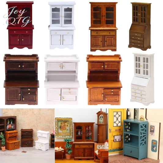 1PC Vintage Miniature Furniture 1:12 Dollhouse Wood Table Multifunction Cabinet Bookcase Model Toy Cupboard Dolls Accessories