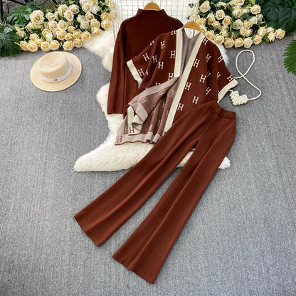 Faionable Knitted Tee-Piece Set Women's Loose Fit Autumn Winter Cardigan Embroidered Letter Sweatirt Wide Leg Pants