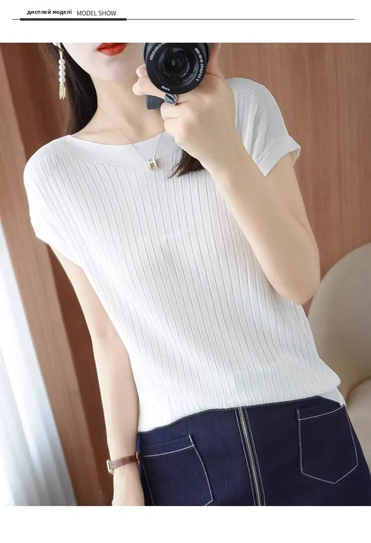 Ice Silk Knitted Top Women Loose Spring Summer New Style Thin Short Sleeve One Shoulder T-Shirt Breathable Comfortable Casual...