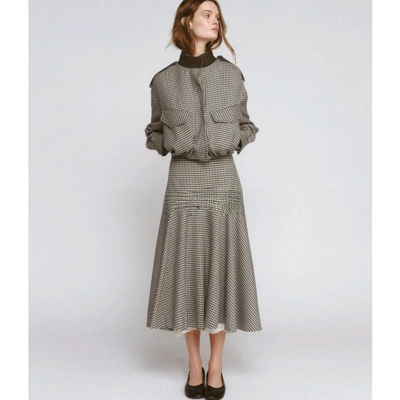 Color Block Plaid Pilot Jacket Coat High Collar Long Sleeve Women's Spring Fashion Set with Midi Skirt Spring Season Pattern