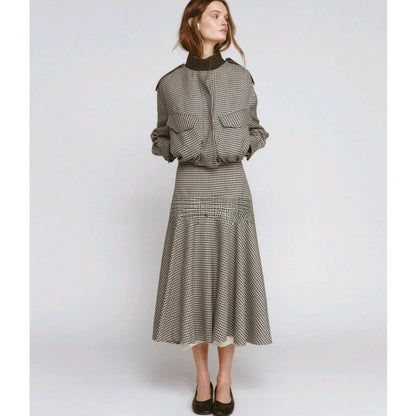 Color Block Plaid Pilot Jacket Coat High Collar Long Sleeve Women's Spring Fashion Set with Midi Skirt Spring Season Pattern