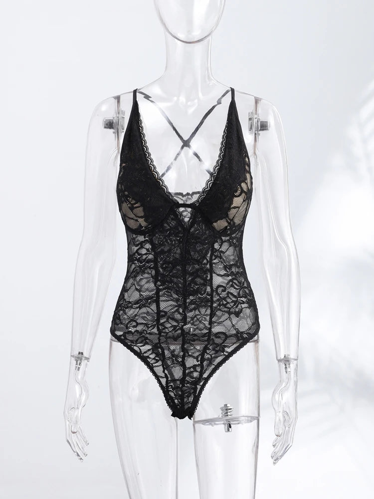 Sexy Women's Bodysuit Halter Lace Deep V-neck Sleeveless   Slim Female Bodysuits 2026 Summer New Fashion Party Chic Lady Top