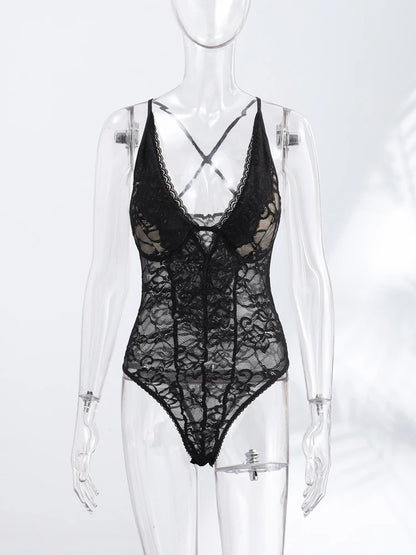 Sexy Women's Bodysuit Halter Lace Deep V-neck Sleeveless   Slim Female Bodysuits 2026 Summer New Fashion Party Chic Lady Top