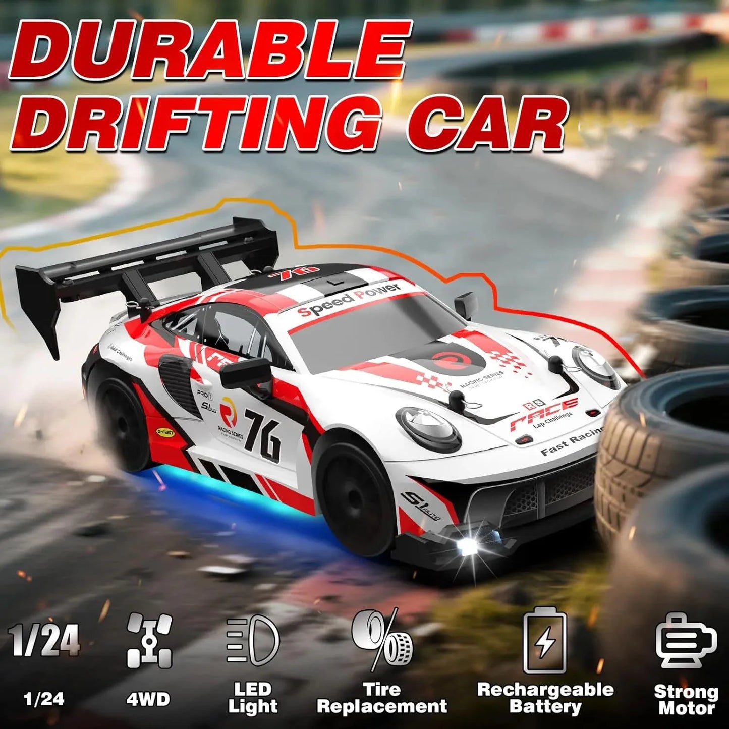 RC Drift Car 1:24 2.4GHz Remote Control Car Four Wheel Drive GTR Racing Vehicles Electric Racing Car Toys for Kids Adults Gifts