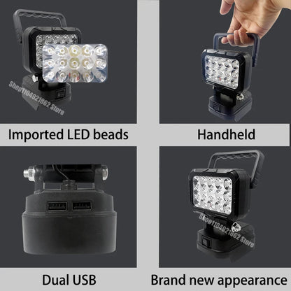 Power Tool Parts for Makita for Milwaukee for Dewalt 18V Lithium Battery LED Work Lights Lamp Hand Lantern Spotlight USB Charger