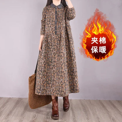 Retro Cotton Linen Long Dr Large Size Women's Faion Warmth  irt A-Line Skirt Floral Print Comfortable Loose Fit