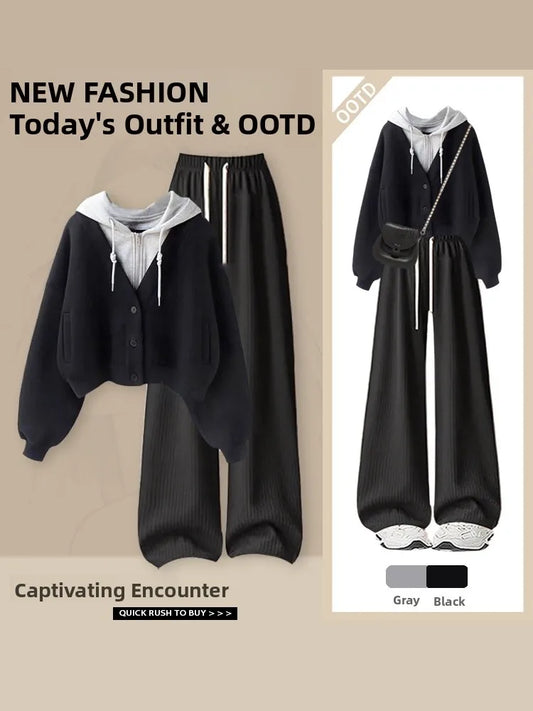 Fashionable Long Sleeve Hoodie And Wide Leg Pants Set Women's Autumn Winter Casual Straight Cut Two Piece Ensemble