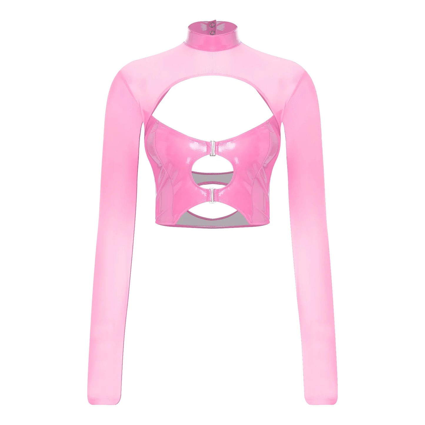 Womens Sheer Mesh Leather Patchwork Crop Top Long Sleeve Hollow Out Slim Fit Glossy Blouse Tops for Halloween Party Raves Dance
