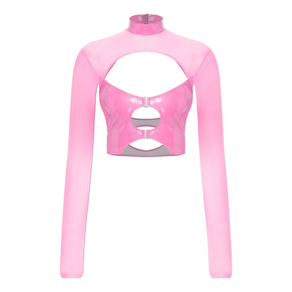 Womens Sheer Mesh Leather Patchwork Crop Top Long Sleeve Hollow Out Slim Fit Glossy Blouse Tops for Halloween Party Raves Dance