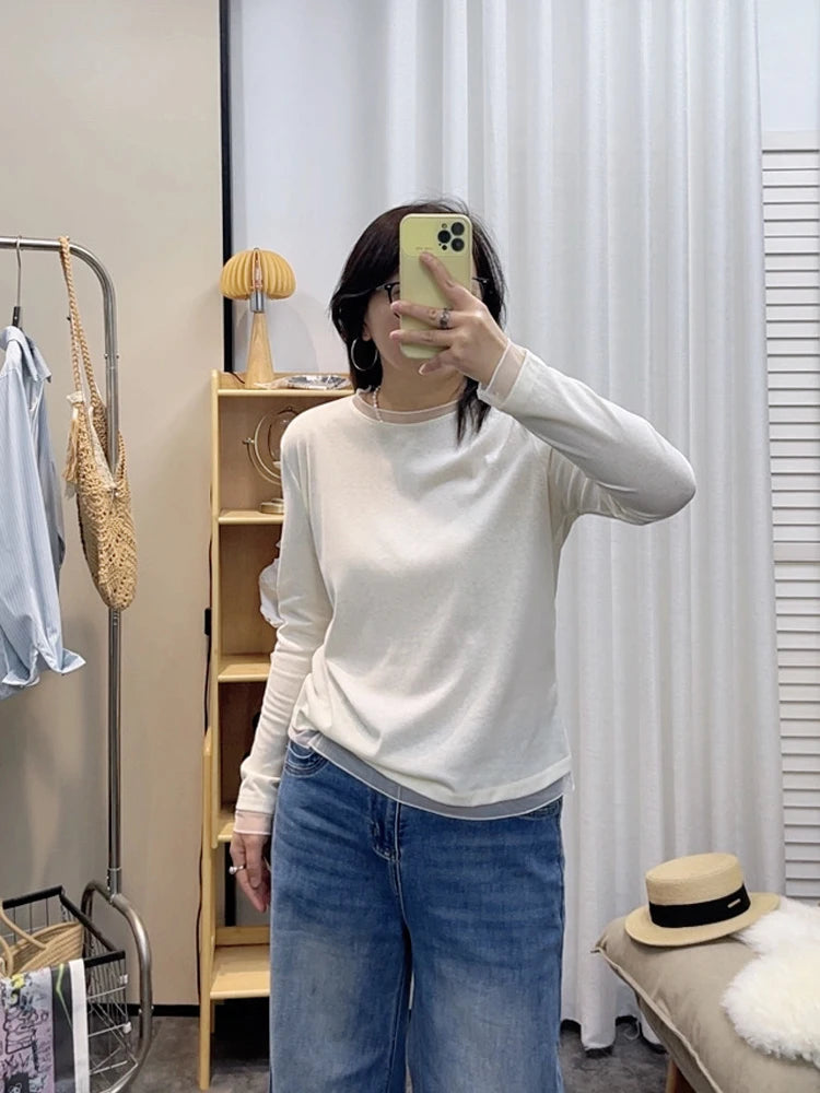 Spring New plus Size round Neck Mesh Splice Loose Long Sleeve Base Shirt Women Fat MM Slimming Belly Cover Simple T-shirt