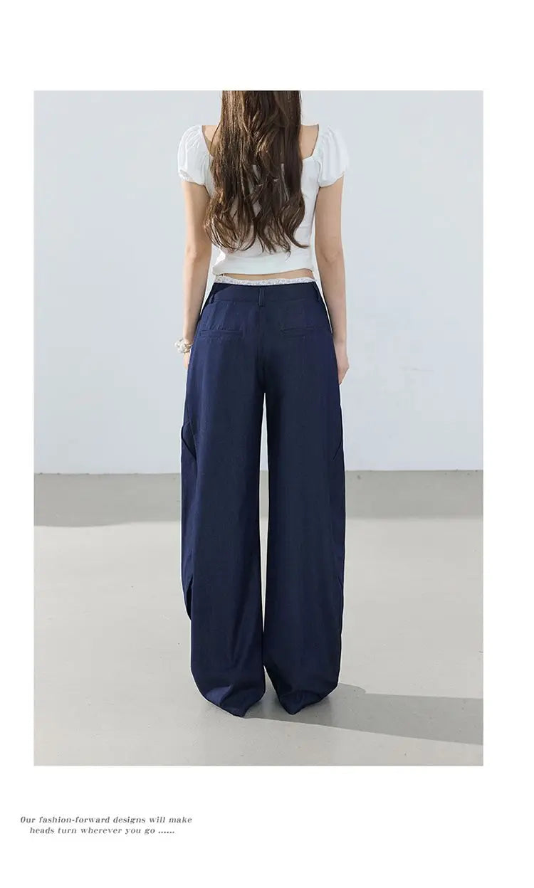 American-style retro loose wide-leg pants, lightweight curved pants, cool lace splicing, versatile casual pants for women