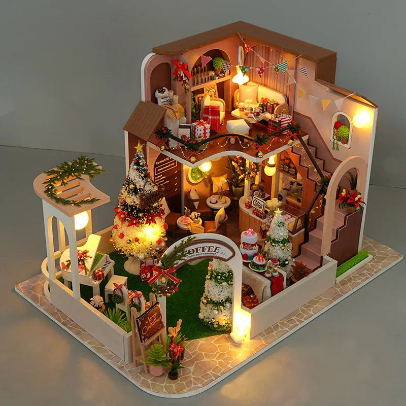 New Christmas Dollhouse Furniture Book Nook Miniature Building Kit Accessories DIY Hut cabin Houses  Doll House Creative Puzzle