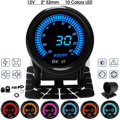 52mm Boost Water temp Oil temp Volt Vacuum Tachometer EGT Air fuel ratio Oil pressure Gauge 10 Color Car Meter
