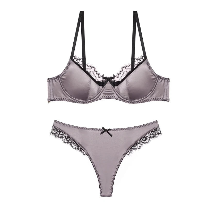 Luxury Satin Lace Lingerie Set Breathable Thin Cotton Cups Underwire Push Up Bra And Thong Sexy Women Underwear for Small Chest
