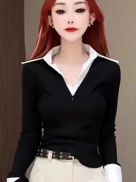 Spring Autumn 2026 Women's Slim Fit V Neck Bell Sleeve Shirt Color Block Waist Cinched False Two Piece Style Fashionable Offi...