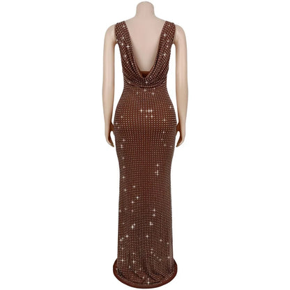 RLMABABY Sexy Swinging Collar Diamond Women Club Bodycon Dress Sleeveless Backless Evening Party Long Prom Dress