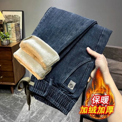 Warm Fleece Lined Elastic Waist Casual Straight Leg Men's Jeans Premium Quality Autumn Winter Thickened Stretch Denim Pants