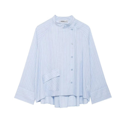 Women's Striped Shirt with Pocket New Spring Long Cuffed Sleeve O Neck Simple Women Shirt & Blouses Asymmetric Hem Female Tops