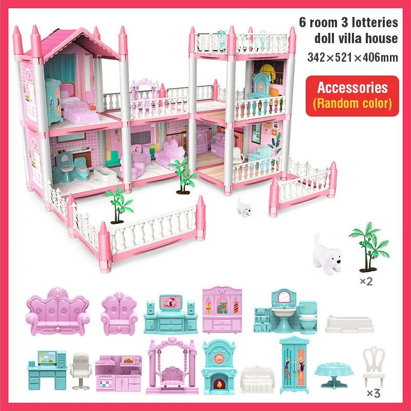 Large Doll House Assembly Villa House 3D Diy Dream Princess Castle Villa Assembly Doll House Set Toy Girl Pretend Family Toy
