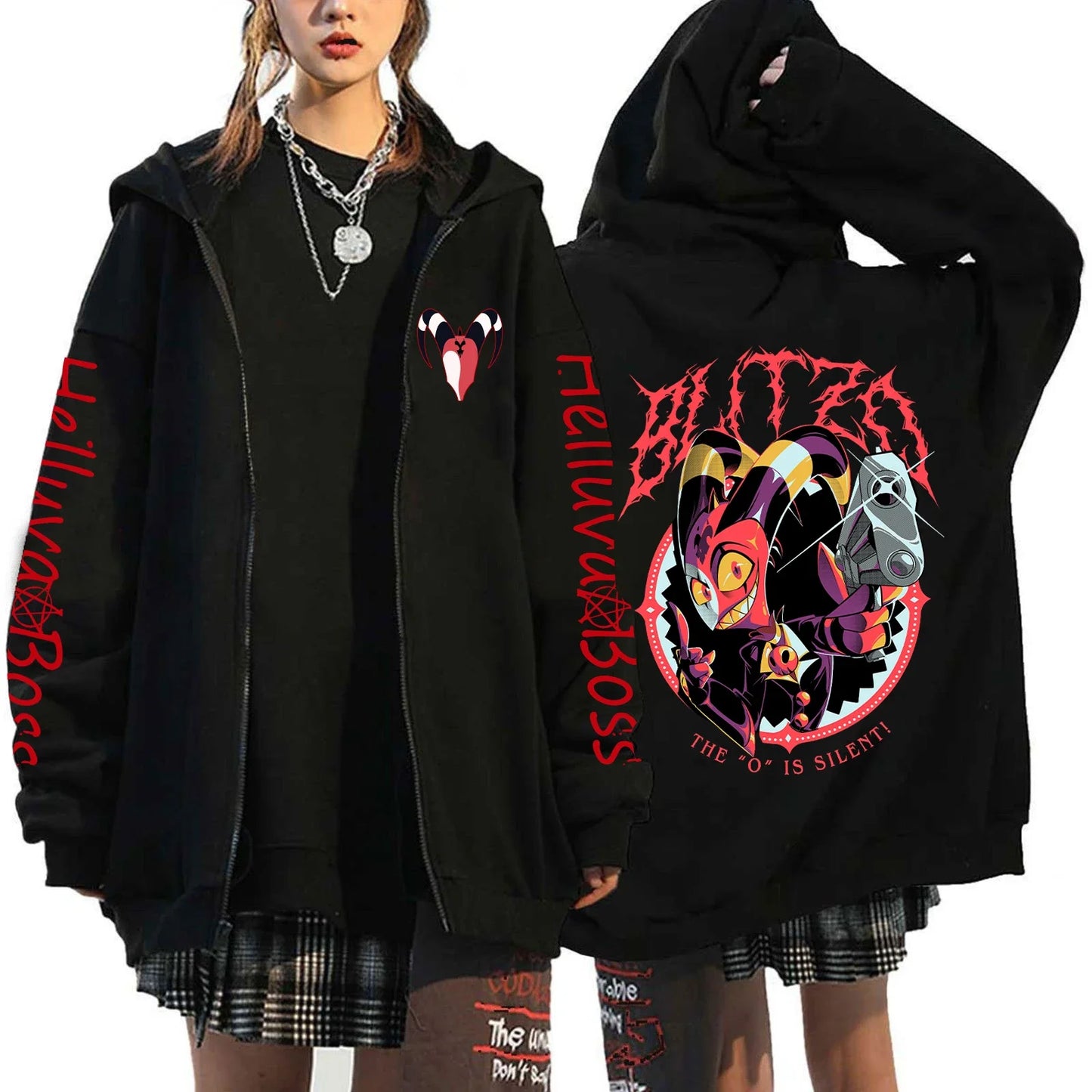 Helluva Boss Print Hooded Zipper Men Women Casual Fashion Fall Winter Warm Vintage Long Sleeve Tops Fleece Zip-Up Sweatshirts