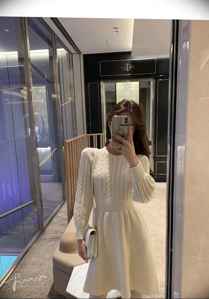 High Waist A-Line Knitted Dress Long Sleeve Base Layer Shirt Waist Cinched Black Dress Autumn Wear Korean Style Commute Dress