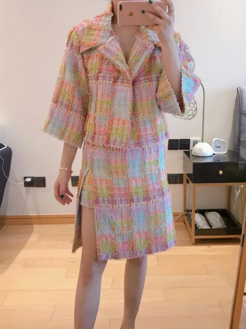 Office Ladies Elegant Mixed Colors Lattice Tweed Jacket Skirt 2 Piece Set Fashion Short Coat Split Skirts Women Matching Sets