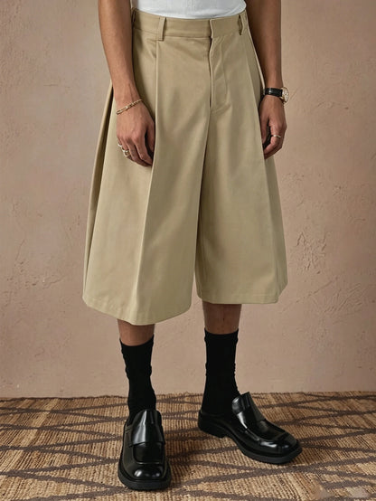 2026 SS New Arrival Men Solid Woven 7/8 Suit Pants Button Pleated Loose Straight Cropped Daily Street Trousers