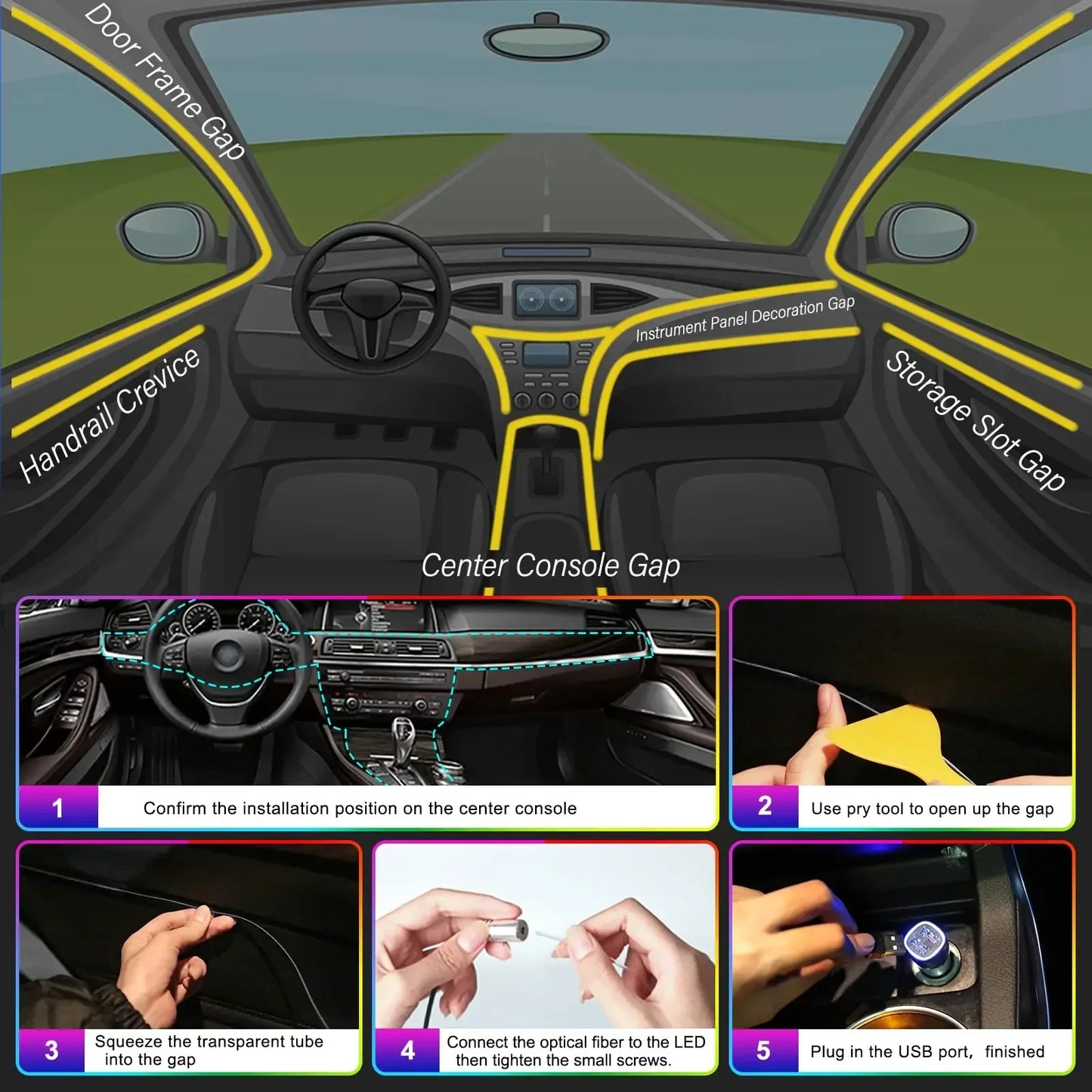 Smart RGB Neon Car Interior Lights Dynamic Atmosphere Custom Decor 12V APP Control Fiber Optic Ambient Lighting