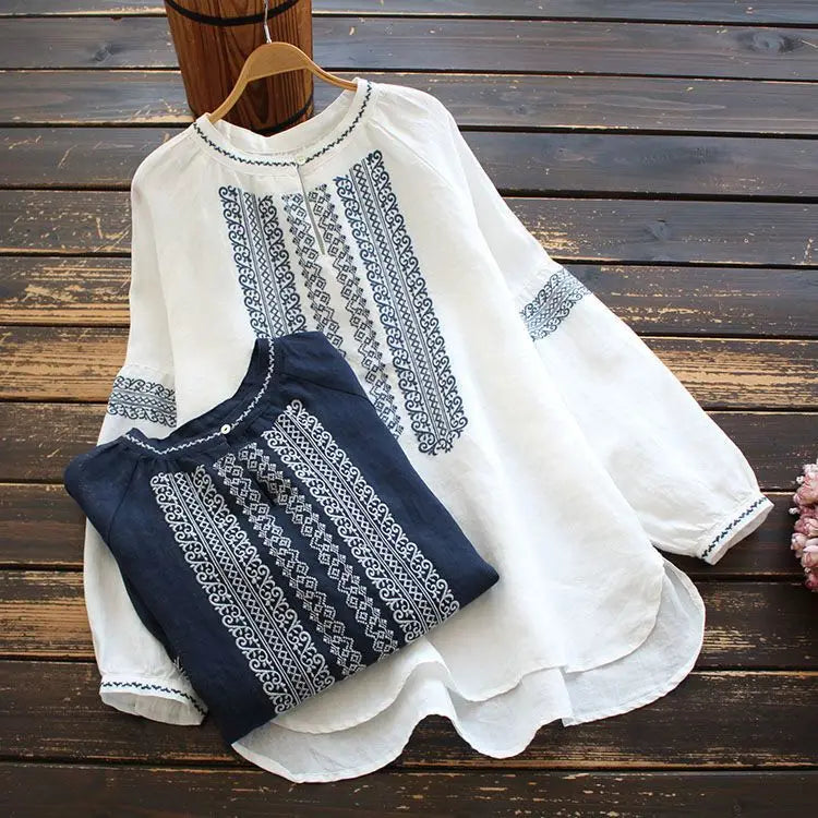 Retro Embroidered Cotton Linen Long Sleeve Women's Shirt Thin Top Large Size Cotton Linen Long Sleeve T-Shirt Commute Wear