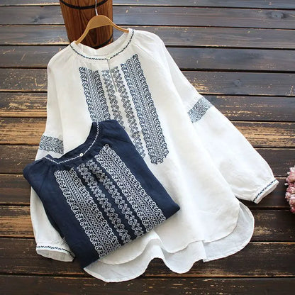 Retro Embroidered Cotton Linen Long Sleeve Women's Shirt Thin Top Large Size Cotton Linen Long Sleeve T-Shirt Commute Wear