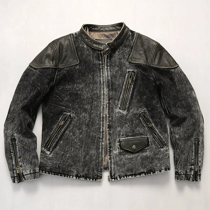 Vintage American Denim Leather Overcoat Washed Waxed Cowhide Coat Retro Style