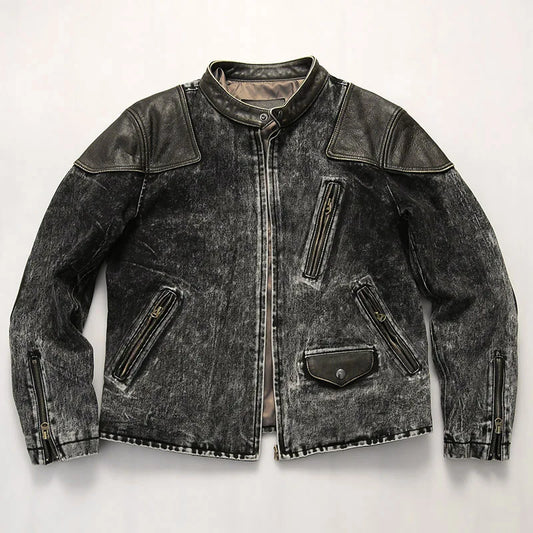 Vintage American Denim Leather Overcoat Washed Waxed Cowhide Coat Retro Style