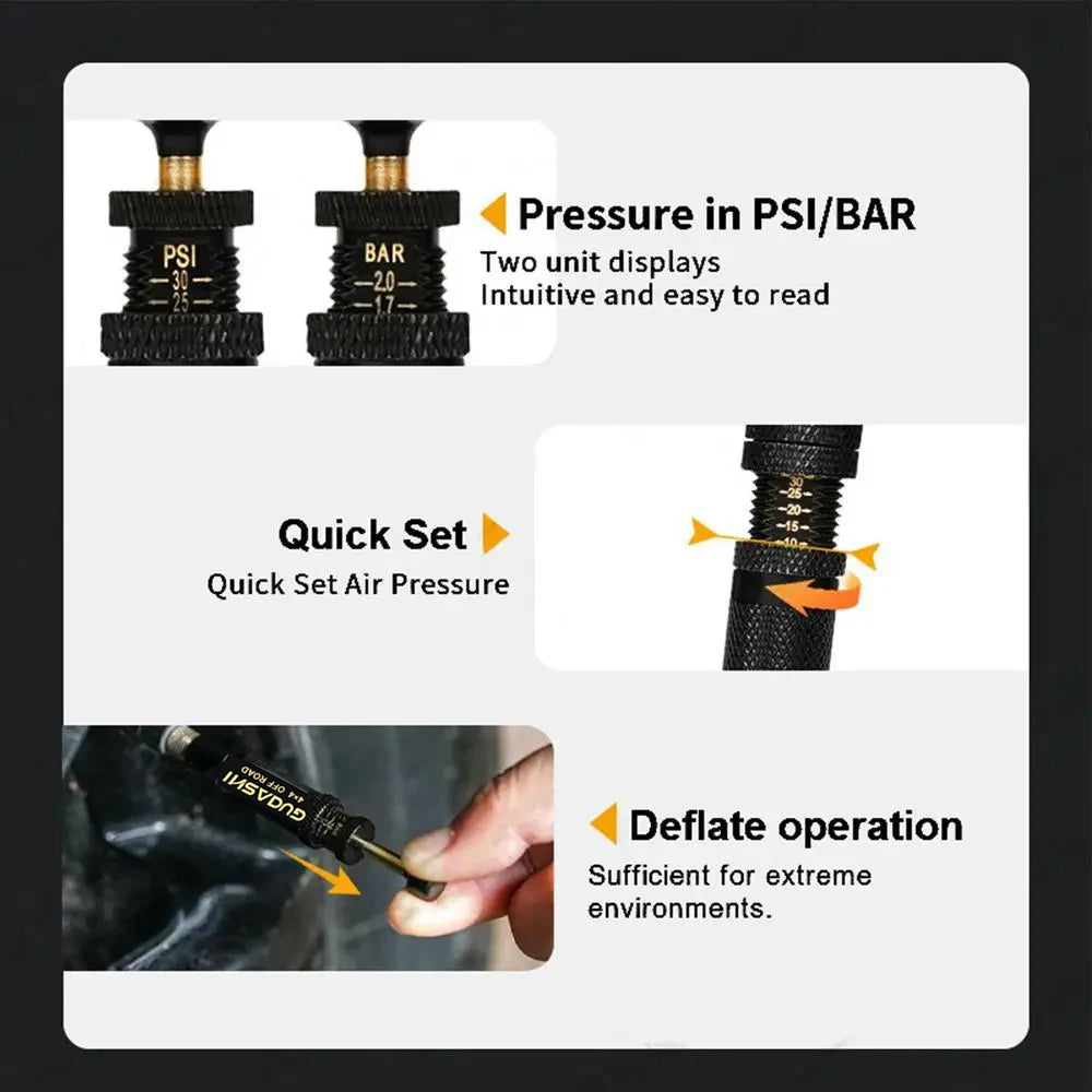 (10-30 PSI) 4 PCS Adjustable Auto-Stop Tire Deflator Valve Kit 4x4 Screw-on Tyre Air Down Tool for Vehicles Motorcycle Offroad