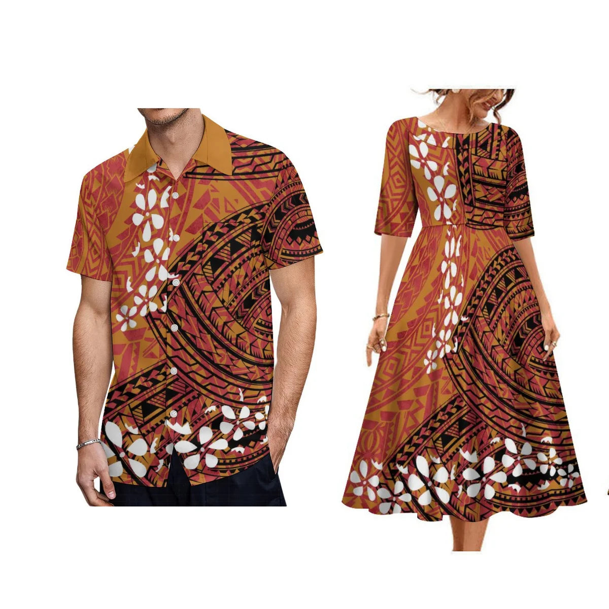 Tribal Clothing Polynesian Men Shirt Hawaiian Print Customized Large Round Neck Women Dress Couple Fashion Elegant Match