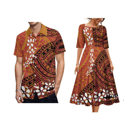 Tribal Clothing Polynesian Men Shirt Hawaiian Print Customized Large Round Neck Women Dress Couple Fashion Elegant Match