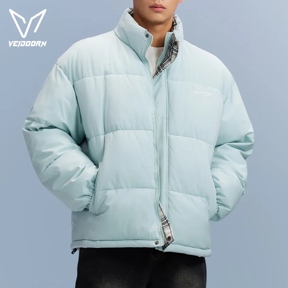 Veidoorn Unisex Short Parka Coat with Stand Collar Warm Thermal Puffer Jacket for Winter Puffy Outdoor Streetwear