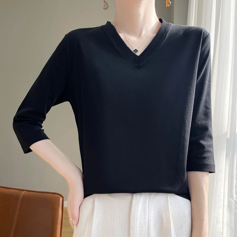 Spring And Summer New White Mercerized Cotton Cropped Sleeve T-shirt Feminine Joker 100% Cotton Bottoming Shirt Half Sleeve
