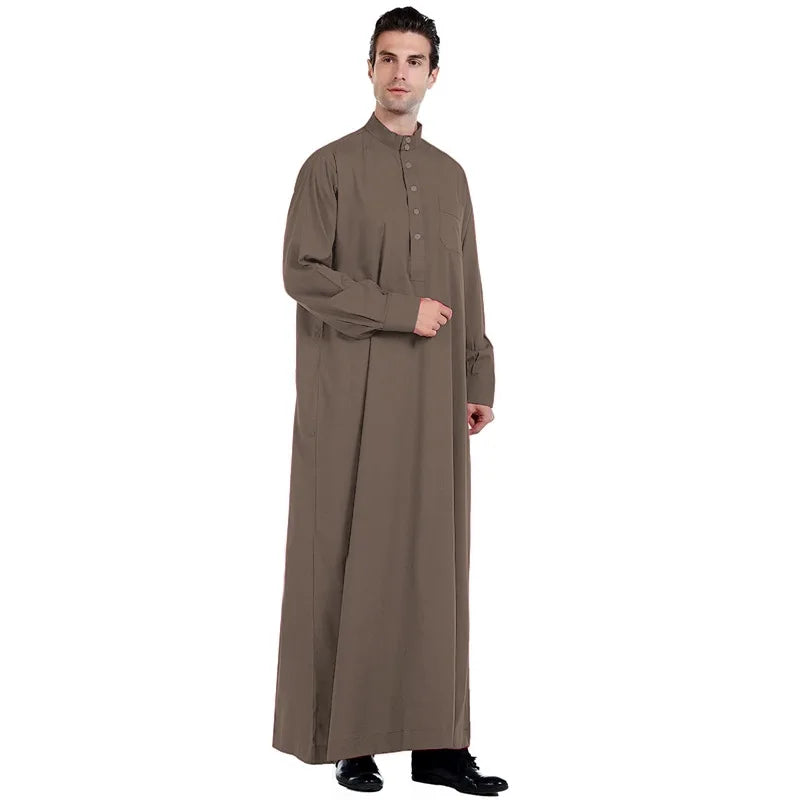 New Middle East Men Thobe Pure Color Qatar Stand Collar Robe Muslim Gown Muslim Fashion Ropa Turca Islamic Clothing