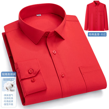 New In Tops Pure Cotton Men's Long Sleeve Business Social Plain Shirts Fashion Single Pocket Casual Slim Fit Solid Color Blouses