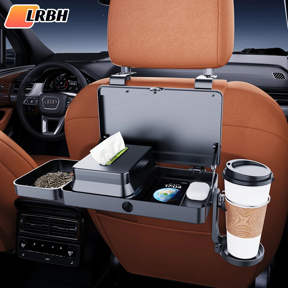 Lrbh Premium Plastic Rear Seat Organizer, with Foldable Tray, Dual Cup Holders, Phone Slot, and Large Storage Space, Easy to Install Vehicle Seat Back Accessories