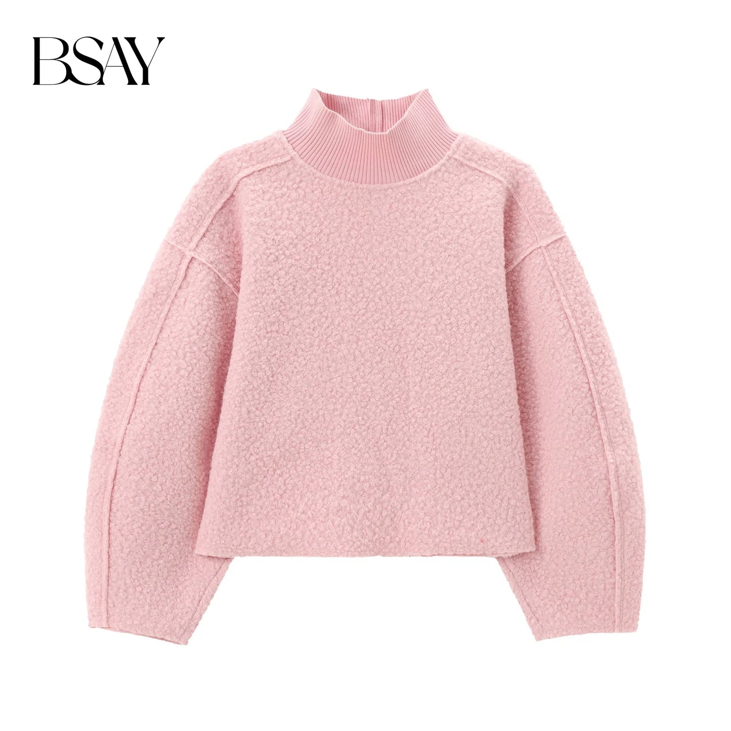 BSAY Women Fashion Autumn Winter 2024 New Loose Solid Color Long Sleeved Stand Collar Pullover Top Chic Female Sweatshirt
