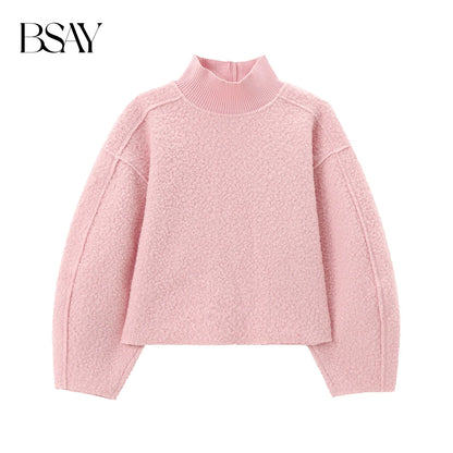 BSAY Women Fashion Autumn Winter 2024 New Loose Solid Color Long Sleeved Stand Collar Pullover Top Chic Female Sweatshirt