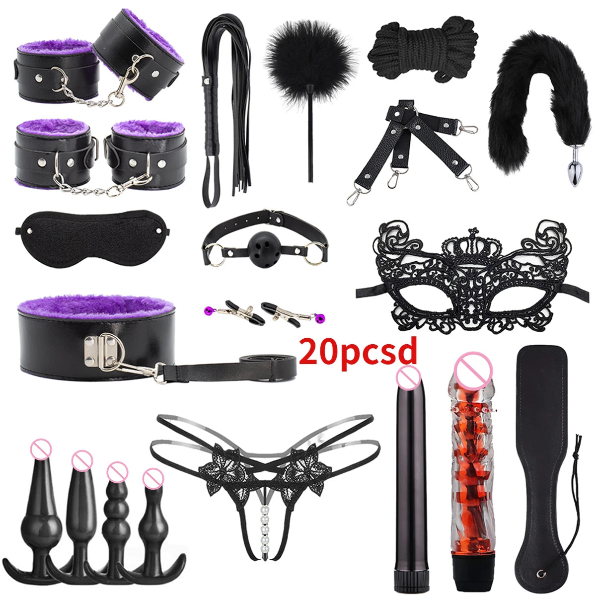 Erotic Sex Toys For Women Adults Games Nylon Bondage BDSM Kits Handcuffs Sex Whip Mouth Gag Rabbit Tail Anal Plug