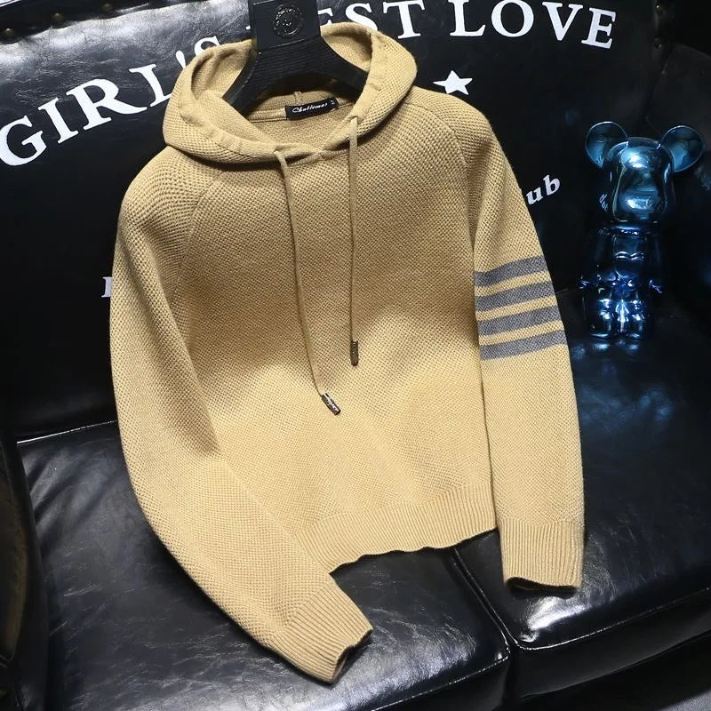 2025 Spring and Autumn New Fashion Trend Thickened Warm Striped Hooded Sweater Men's Casual Loose Sports High Quality Knitwear