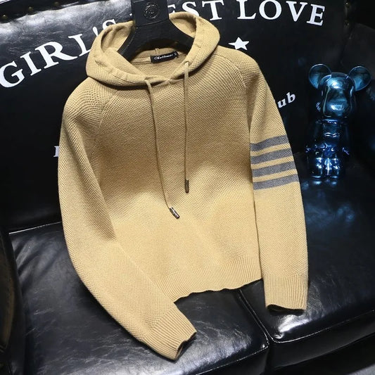2025 Spring and Autumn New Fashion Trend Thickened Warm Striped Hooded Sweater Men's Casual Loose Sports High Quality Knitwear