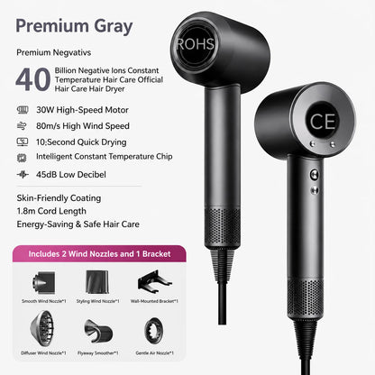High Speed Hair Dryer 40M Negative Ions Constant Temp Fast Drying Low Noise Professional Salon Blow Dryer with Nozzles
