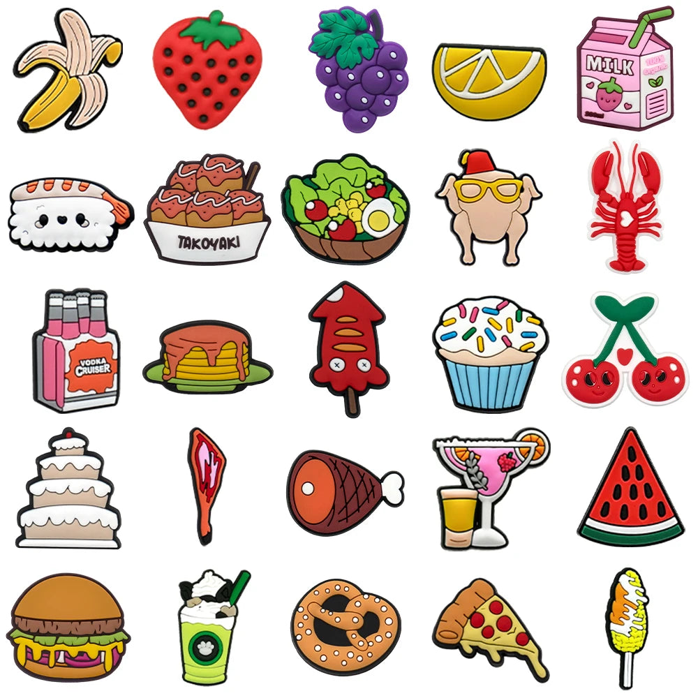 1/25PCS Cute Food & Drink PVC Shoe Charms for Clogs, Strawberry, Sushi, Pizza, Milk Carton DIY Accessories for Kids & Teens