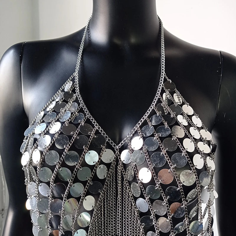 AKYZO Sequined Crop Tops for Women Metal Chain Tassel Nightclub Dance Wear Party Burning Outfits Plastic Tank Top Sexy Festival